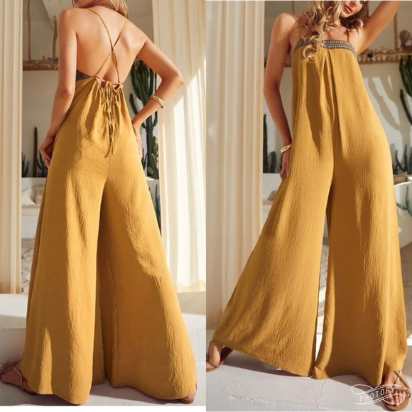 Boho Lace Backless Wide Leg Palazzo Pants Jumpsuit - Picture 2 of 7